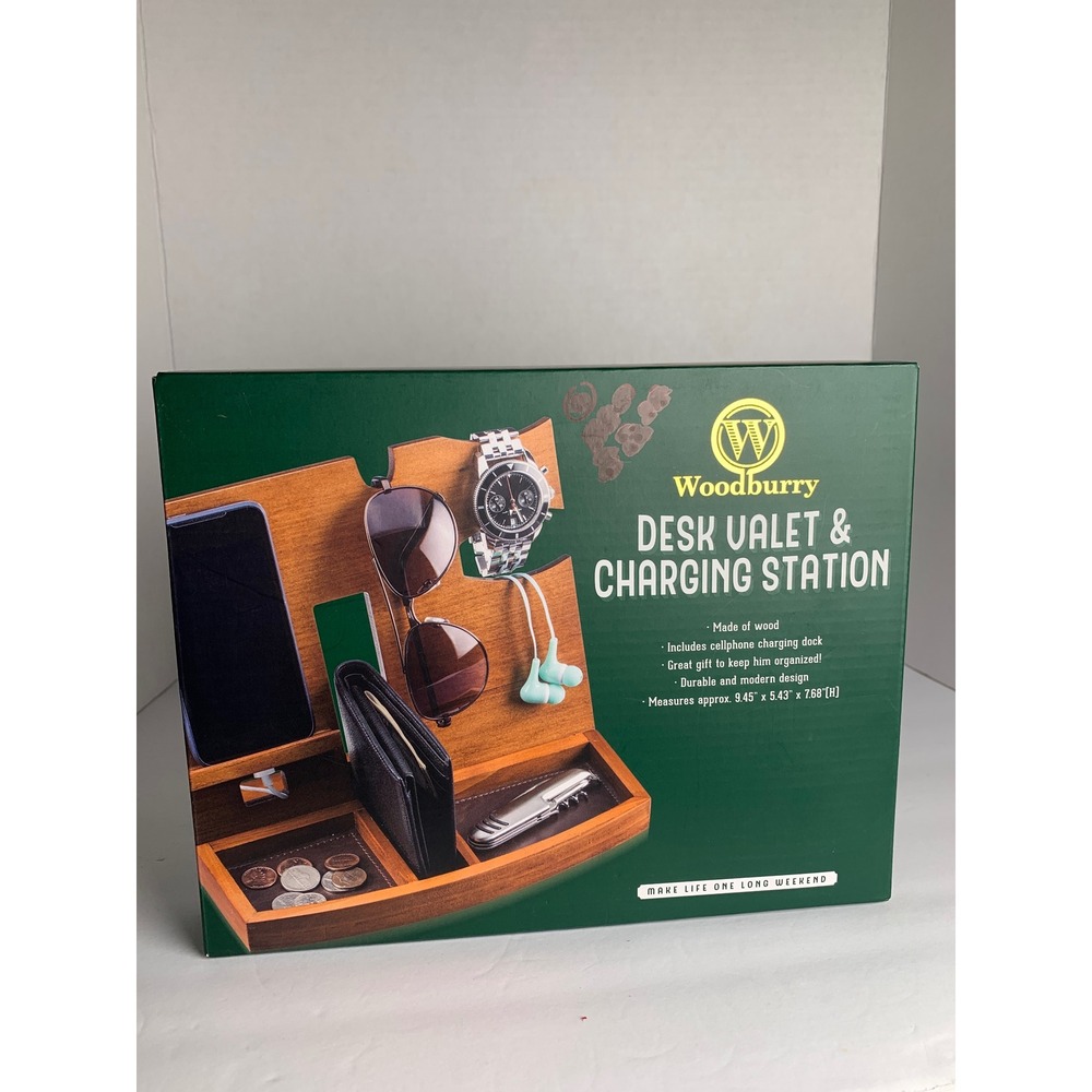 Woodburry Wood Desk Valet and Charging Station Mens Organizer‎ Brown New